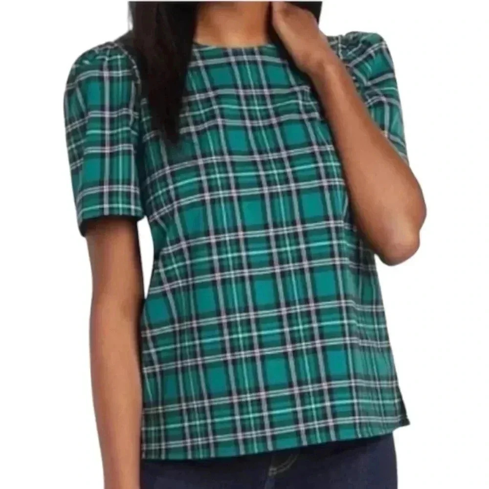 DRAPER JAMES | Angie Check Puff Sleeve Blouse | Short Sleeve Green Plaid Size 4